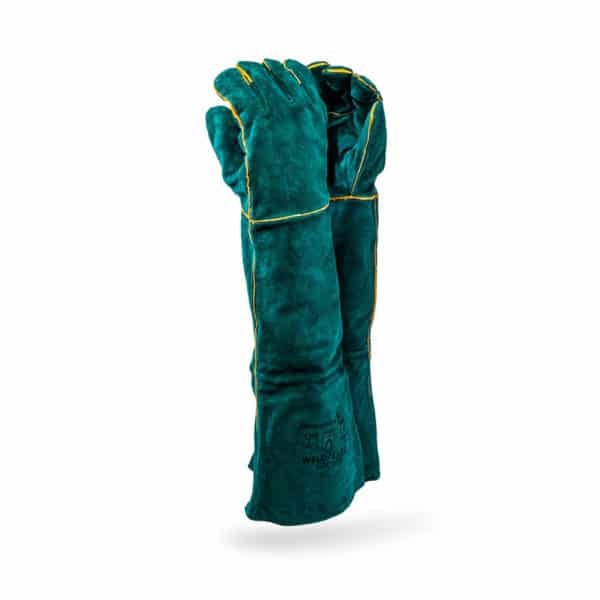 Pair of green welding gloves on a white background