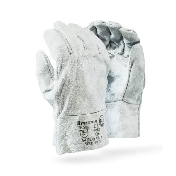 Pair of gray gloves with brand logo on a white background
