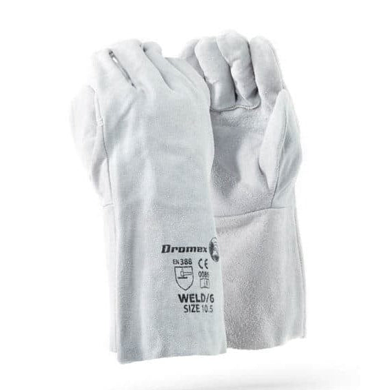 Pair of white gloves with visible branding on a white background