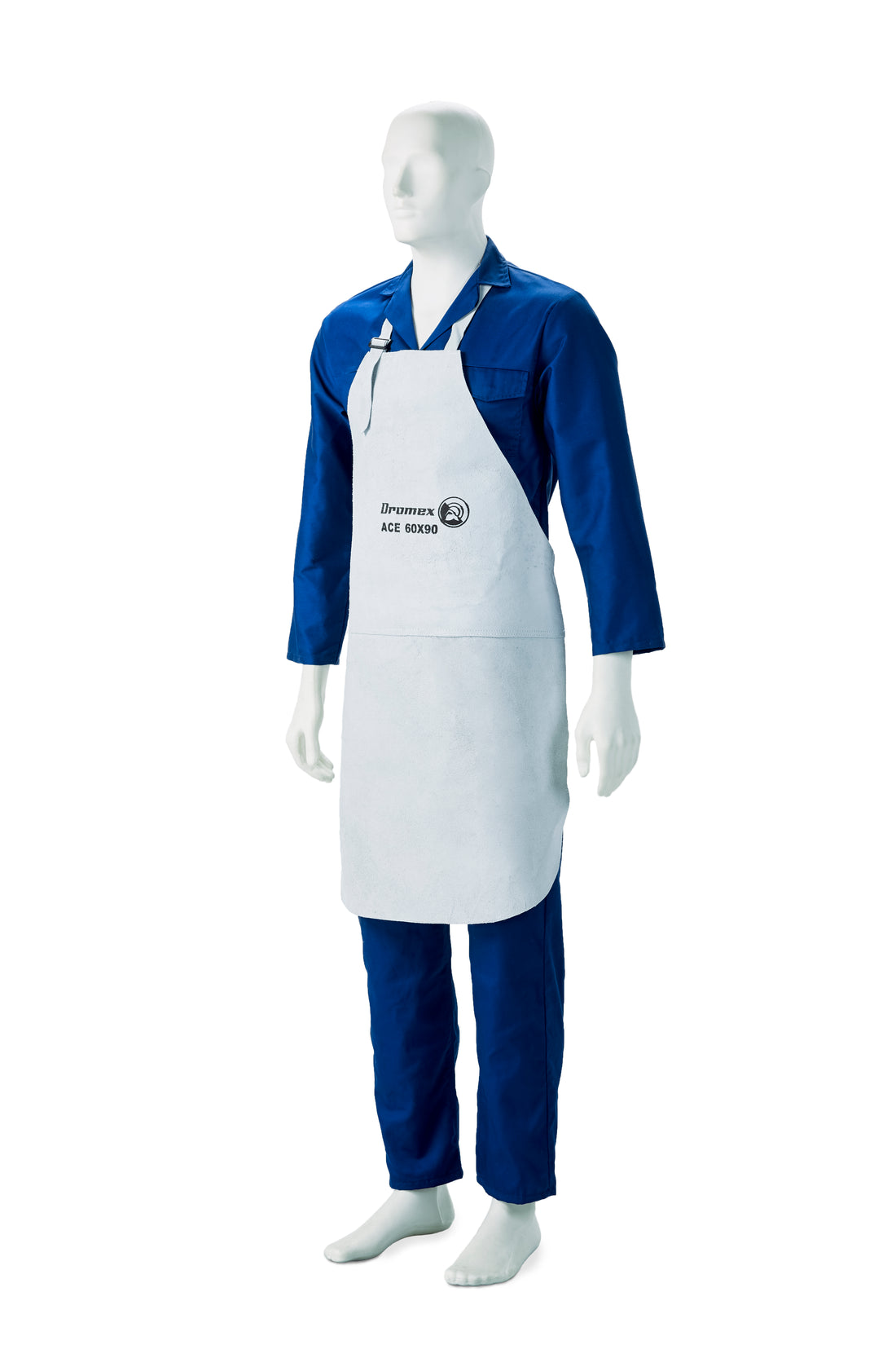 Mannequin wearing a blue shirt and white apron with branding on a white background