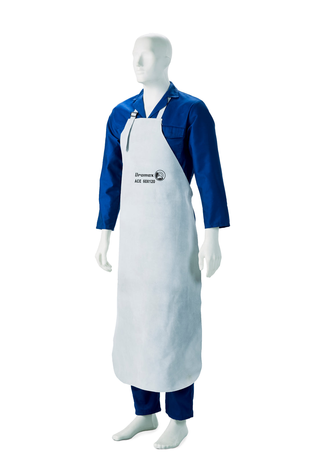 Mannequin wearing a blue shirt and white apron with branding on a white background