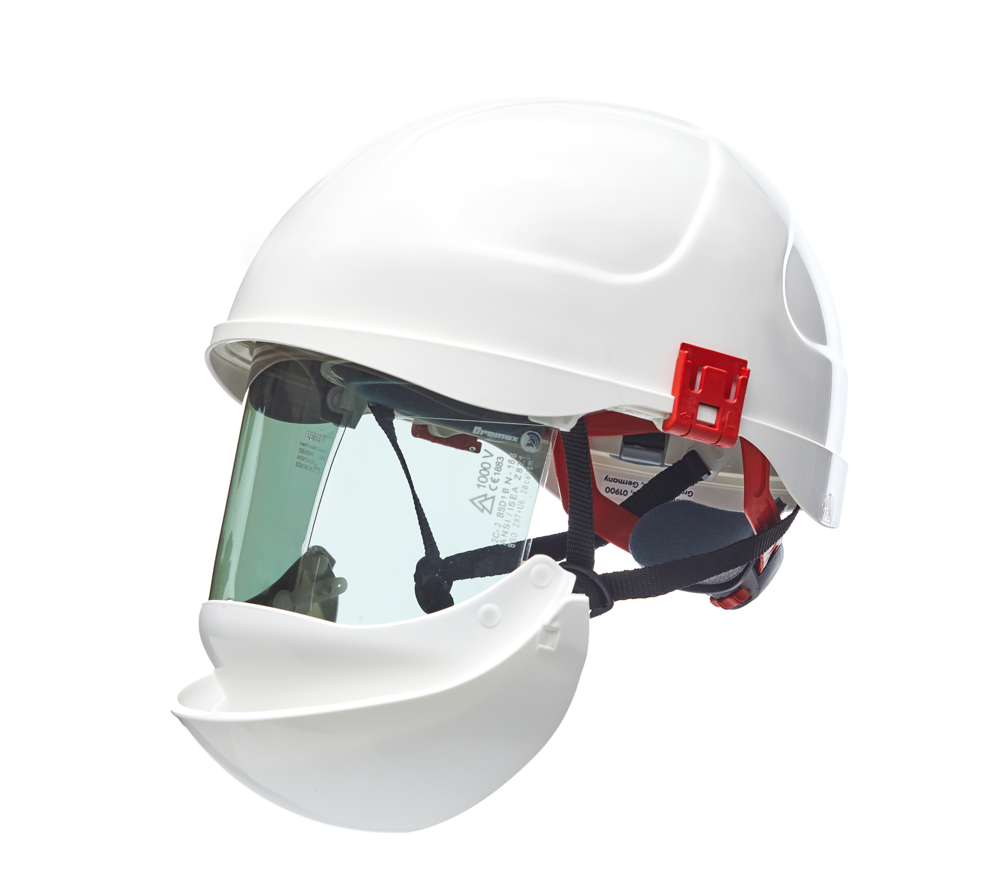 White safety helmet with visor on a white background