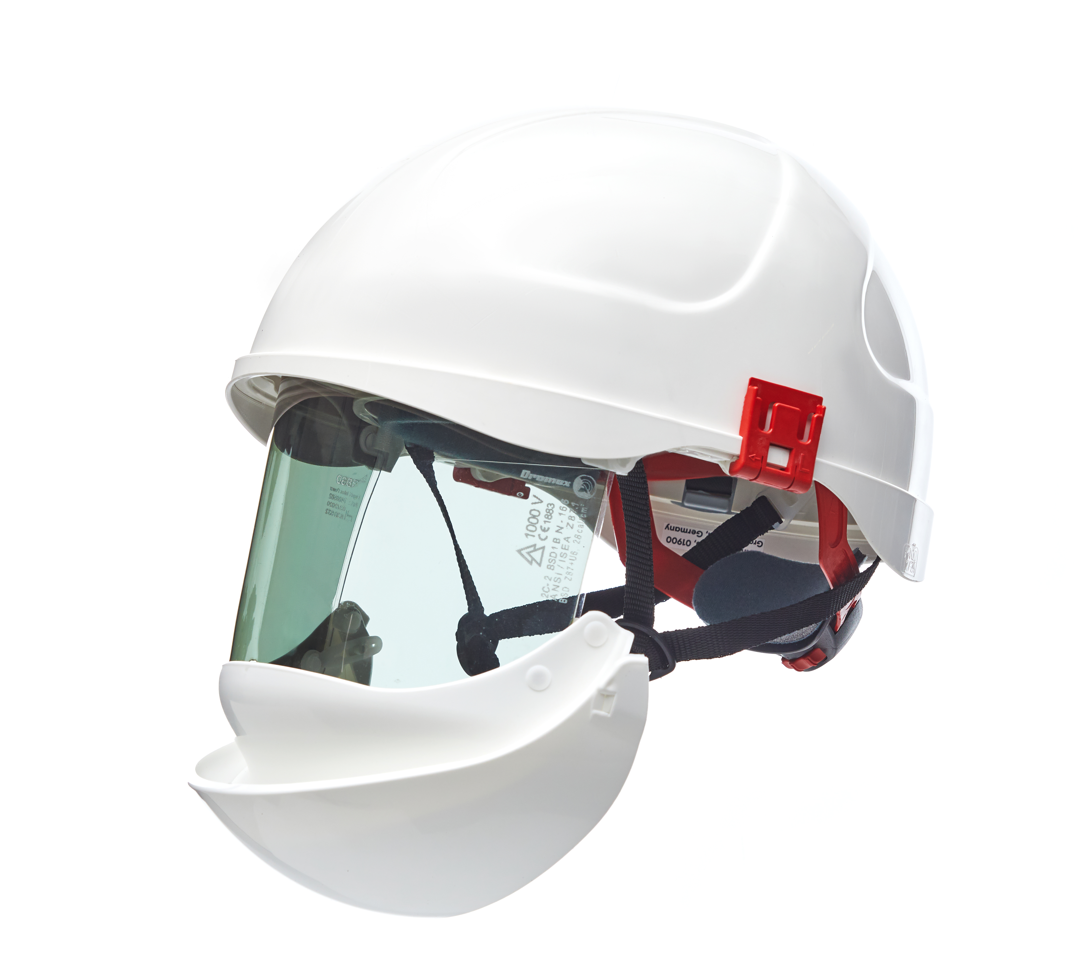 White safety helmet with visor on a white background