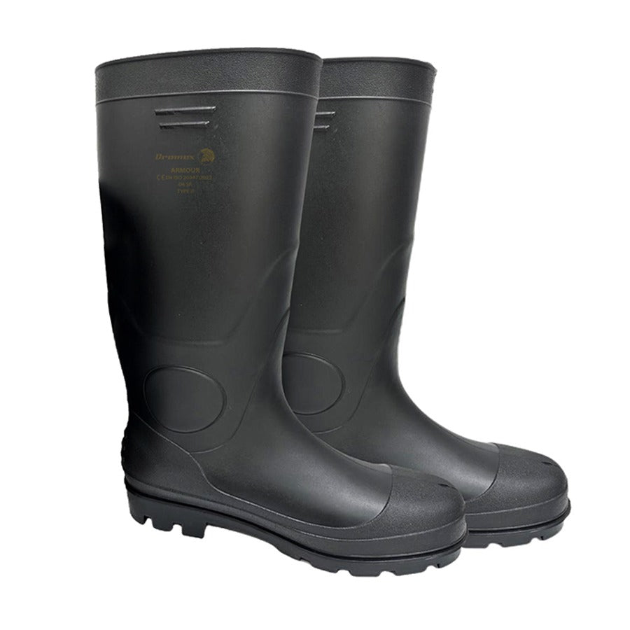 Pair of black rubber boots on a white background