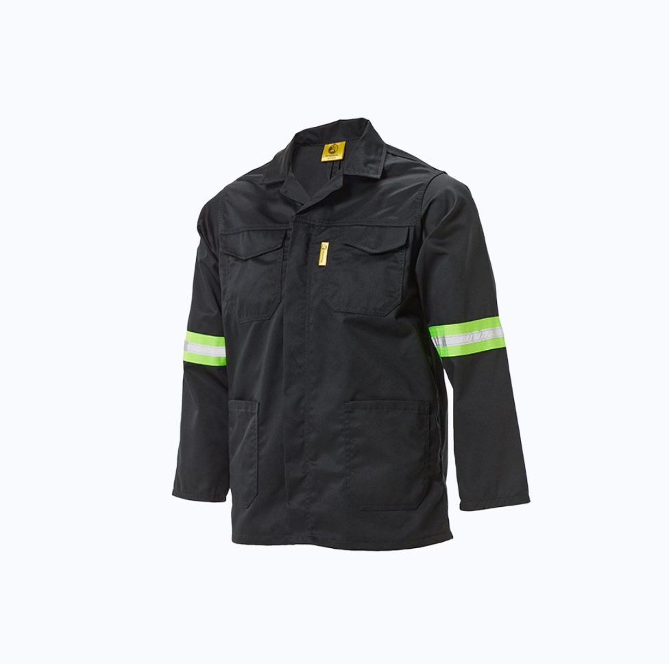 Black work jacket with reflective green stripes on a white background