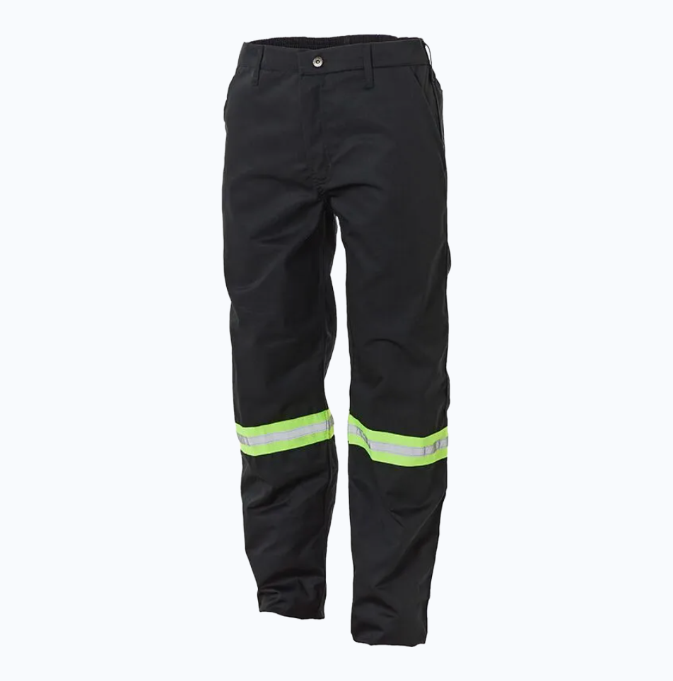 Black work pants with reflective stripes on a white background