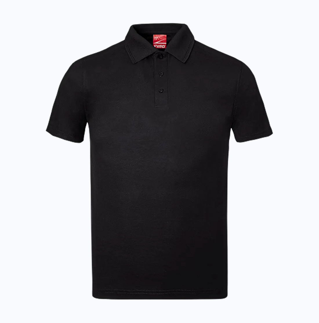 Black polo shirt with a brand logo on a white background