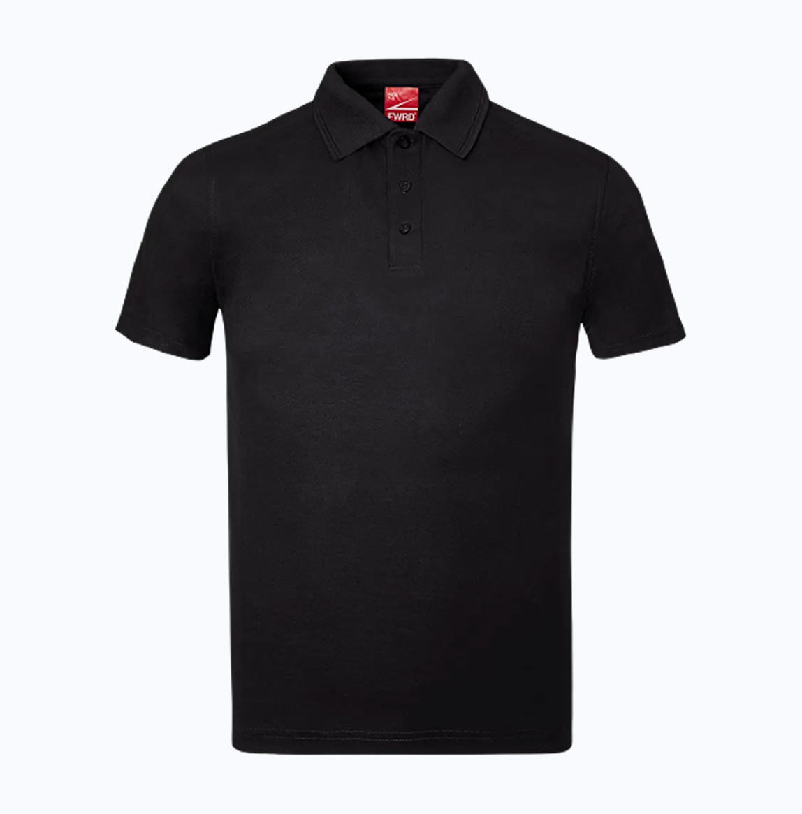 Black polo shirt with a brand logo on a white background