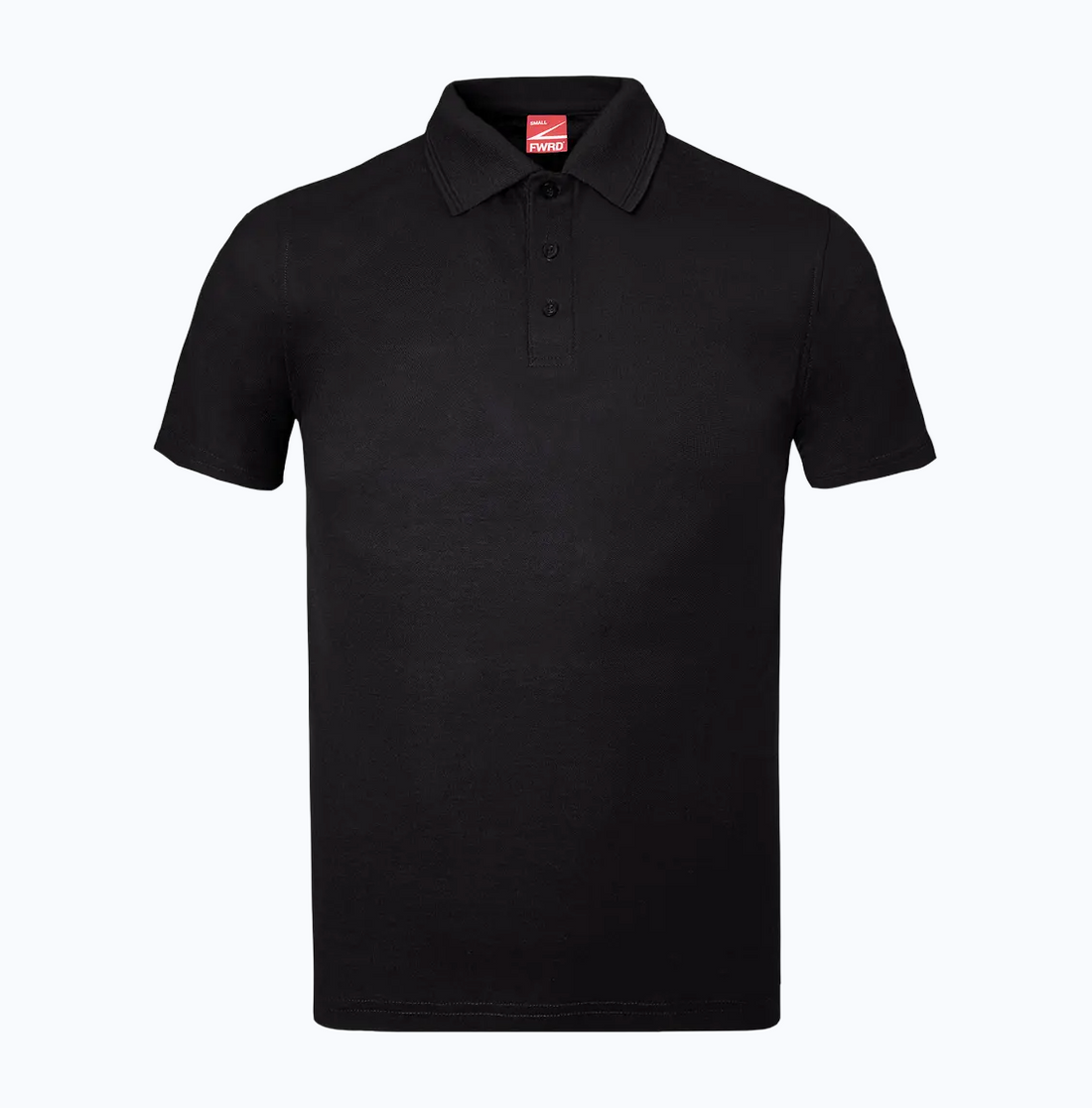 Black polo shirt with a brand logo on a white background