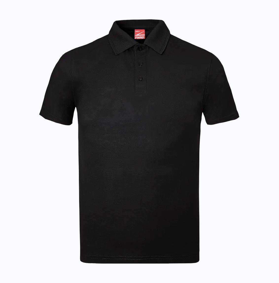 Black polo shirt with a brand logo on a white background