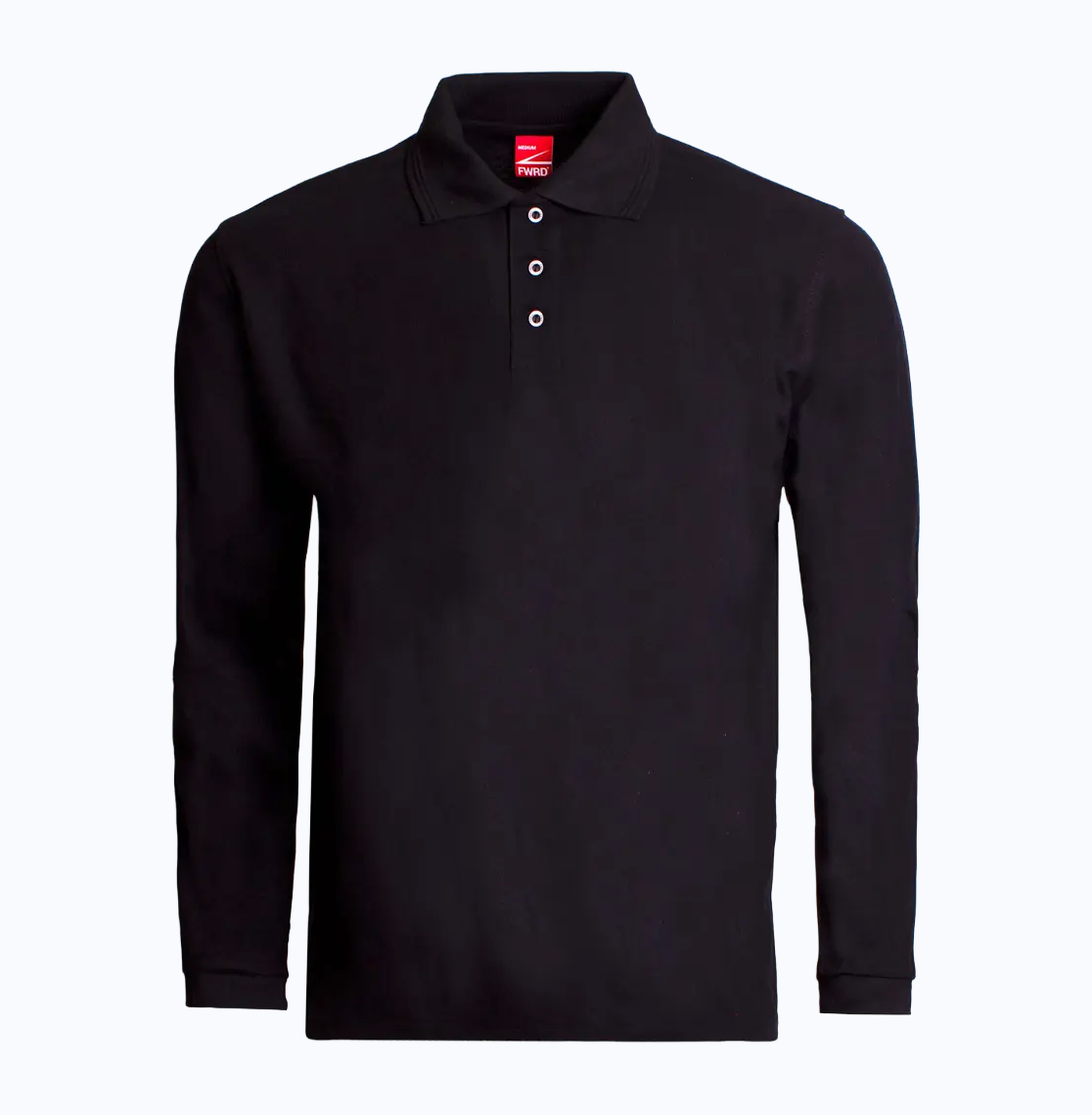 Black long-sleeve polo shirt on a white background