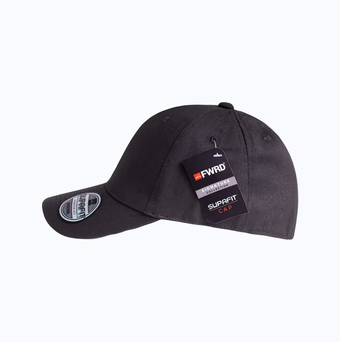Black cap with a small logo on a light gray background