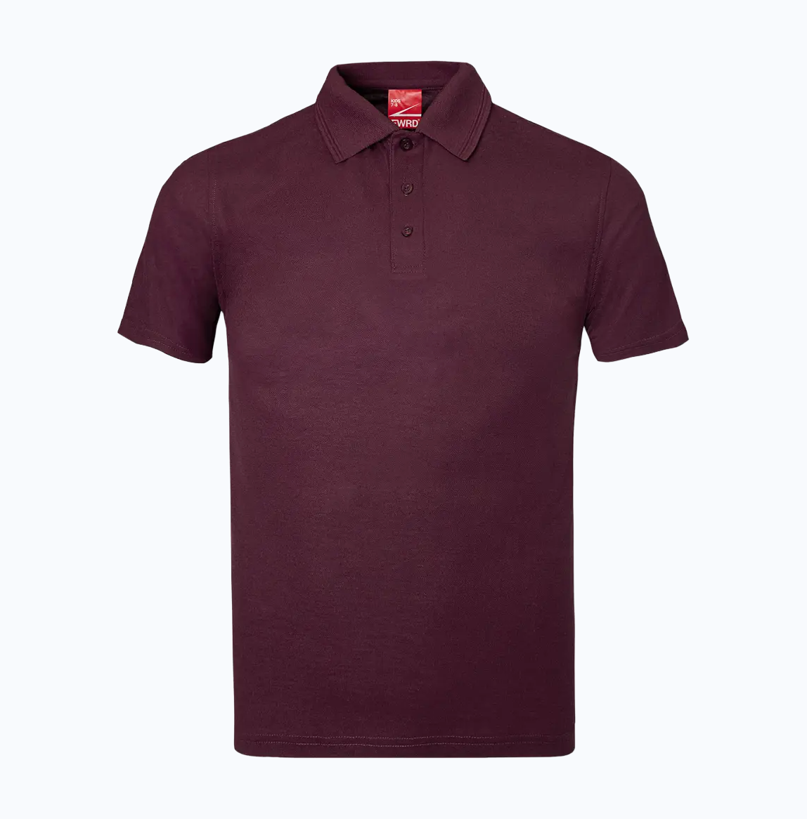 Maroon polo shirt with a brand label on a white background