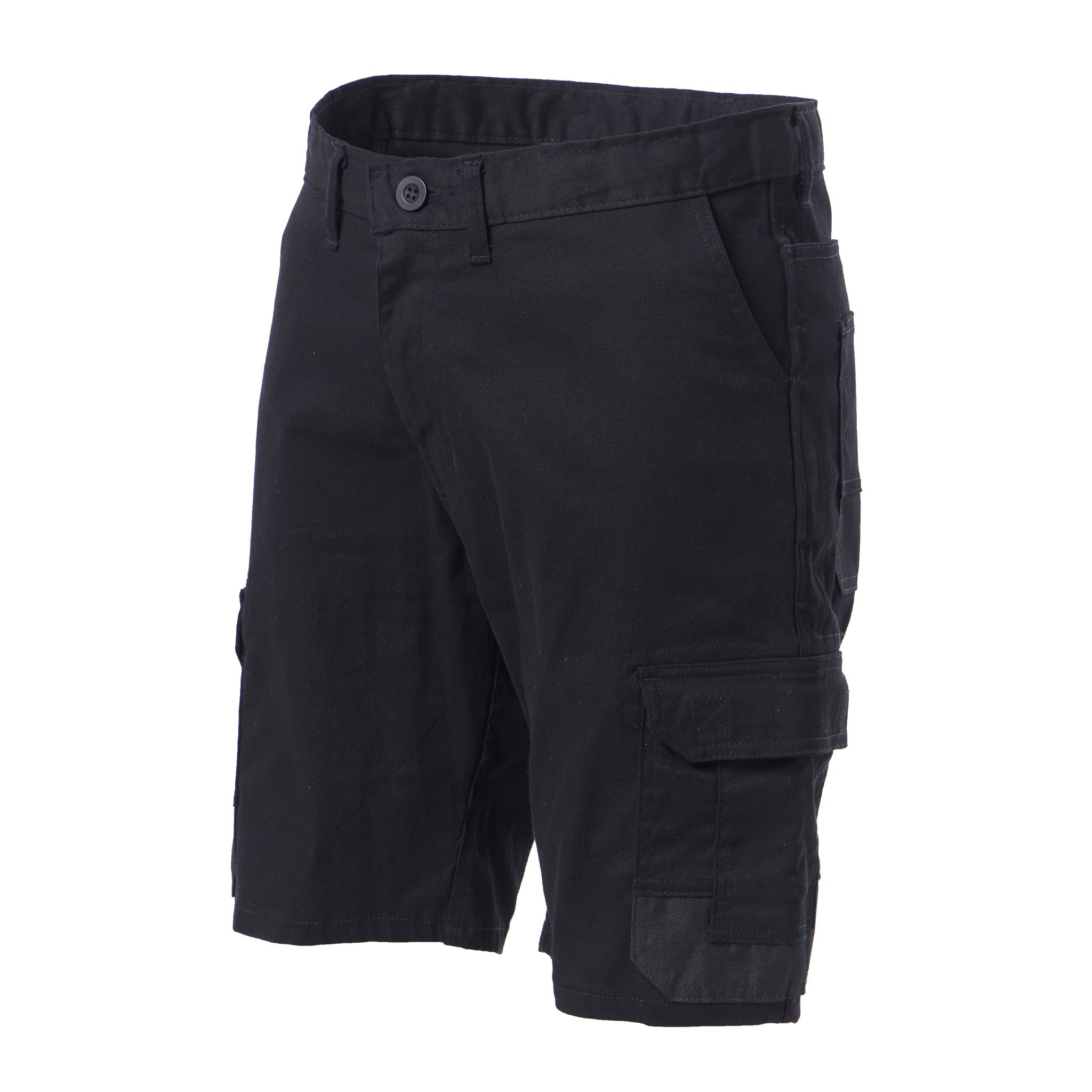 Black cargo shorts on a white background