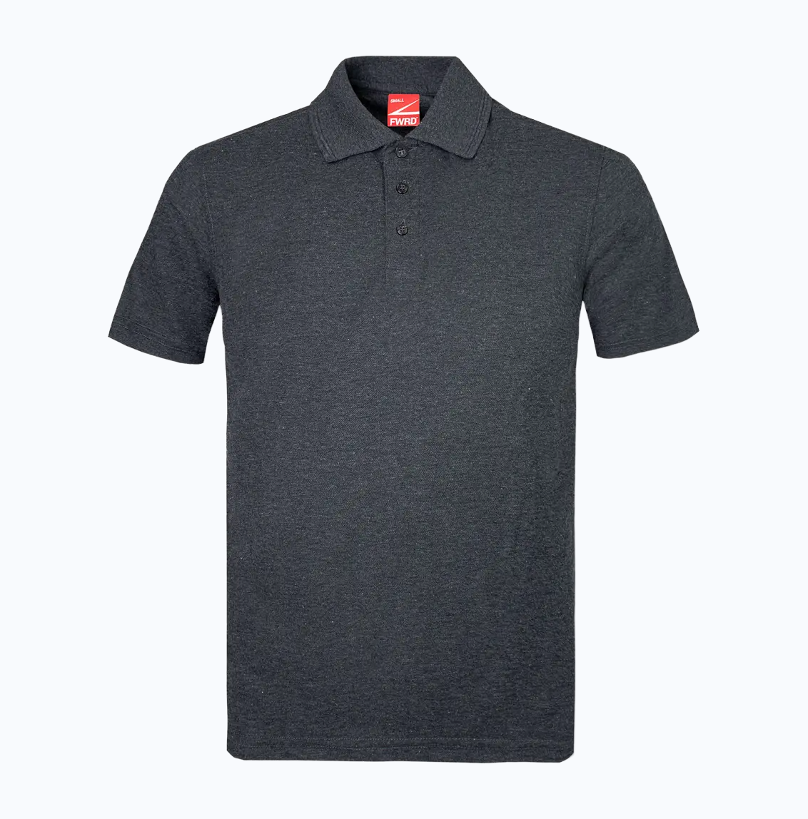 Dark gray polo shirt with a brand logo on a white background