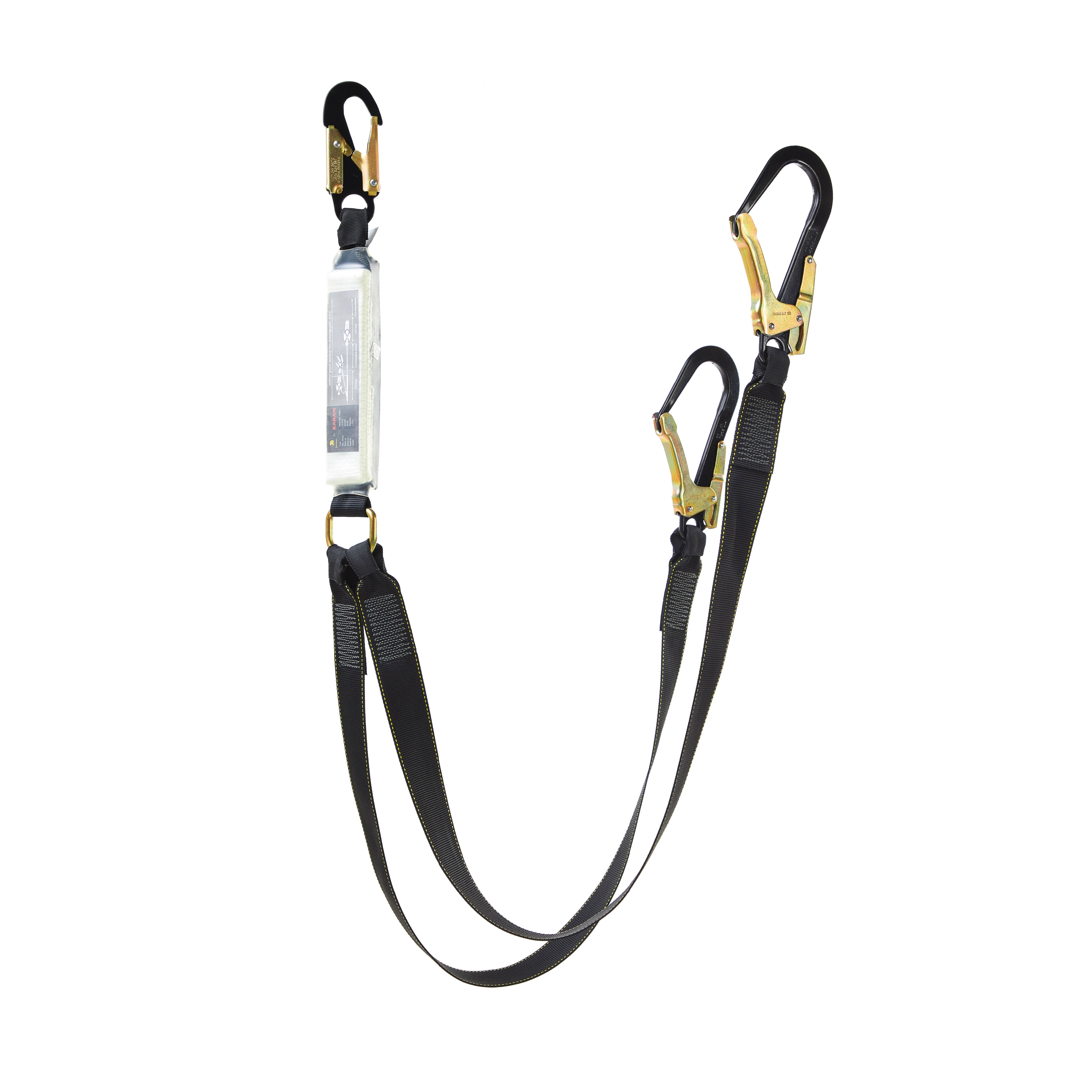 Safety harness with two carabiners on a white background