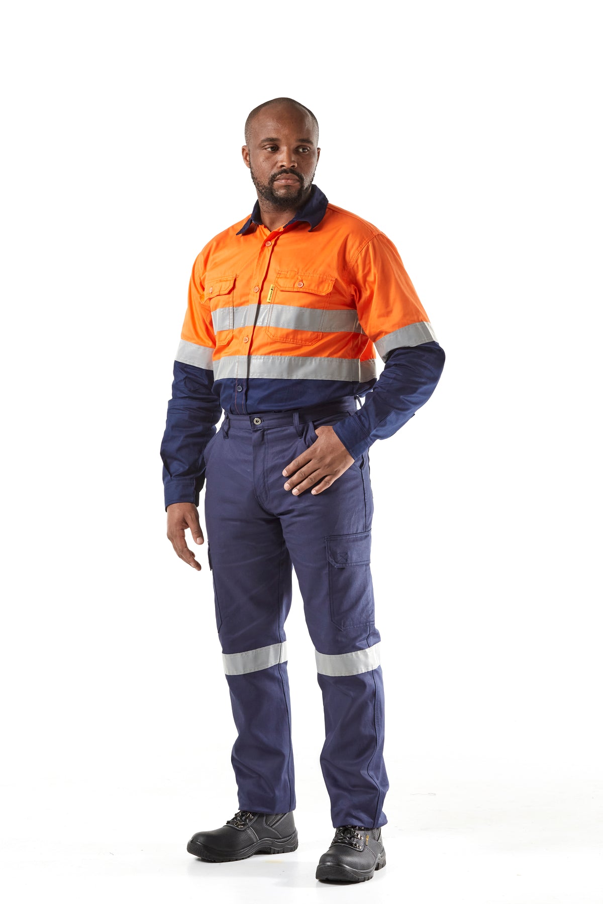 Dromex EVOTECH 65/35 Polycotton Hi-Vis Vent Long Sleeve Shirt Orange/Navy