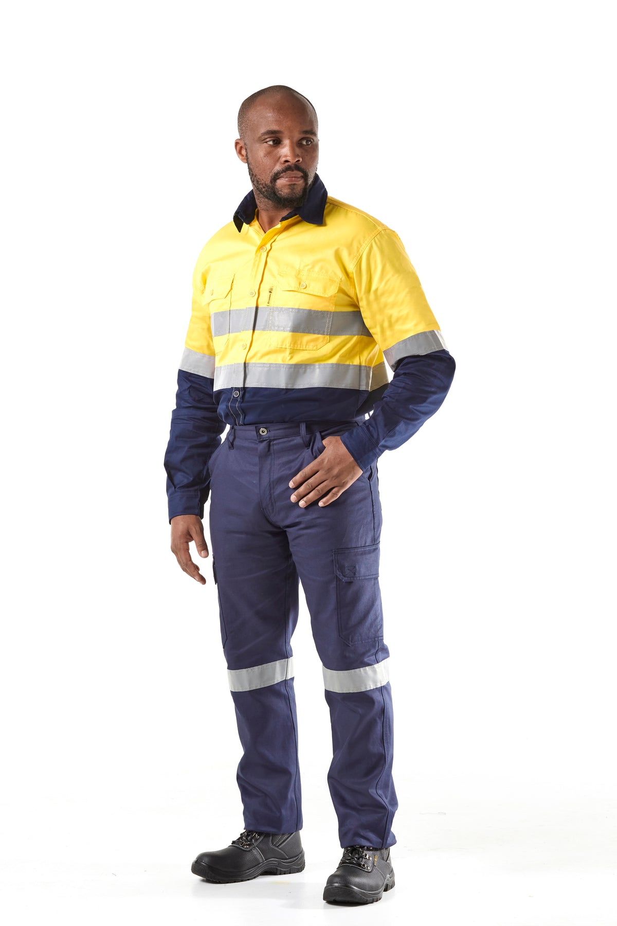 Dromex EVOTECH 65/35 Polycotton Hi-Vis Vent Long Sleeve Shirt Yellow/Navy