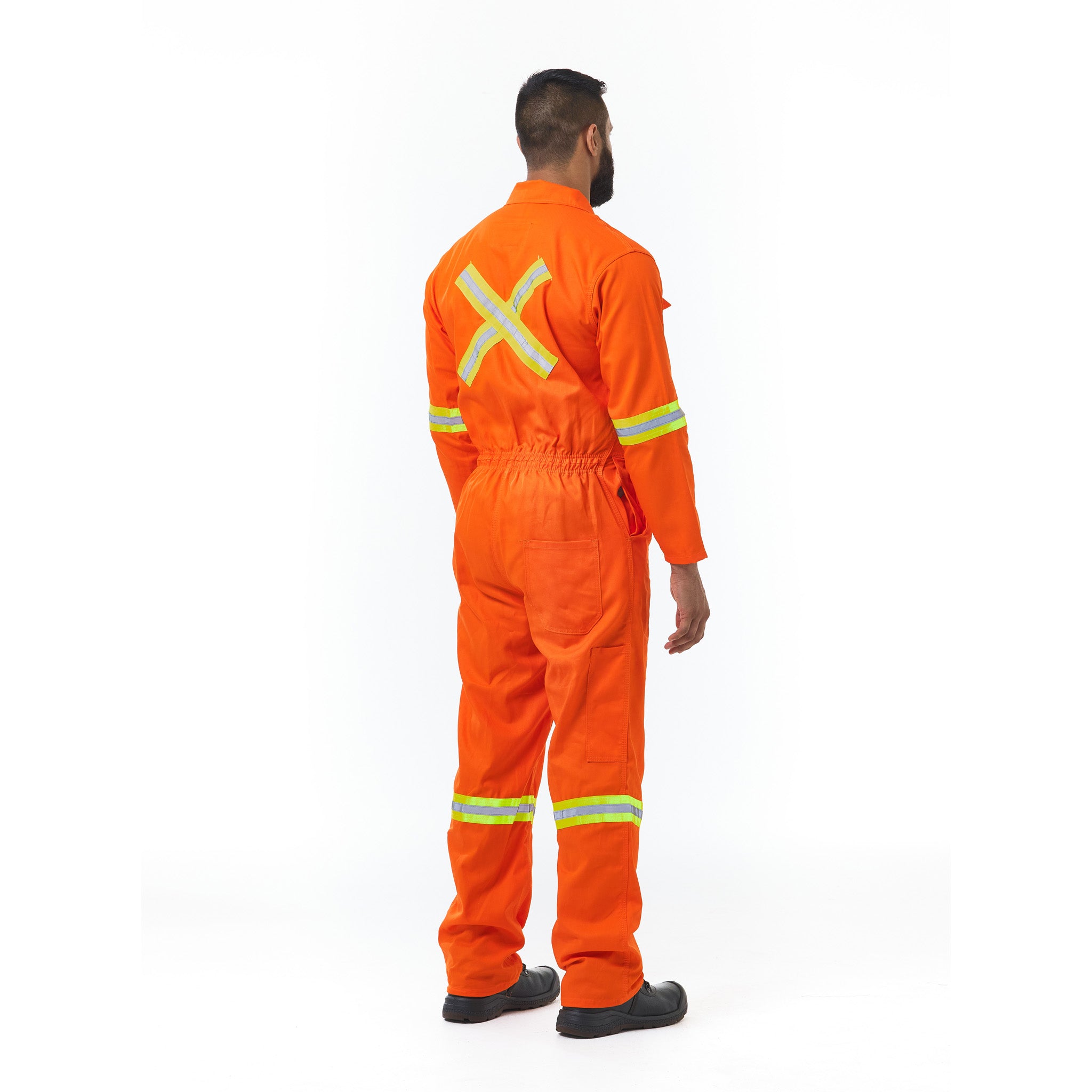 Person wearing an orange safety jumpsuit with reflective stripes on a white background