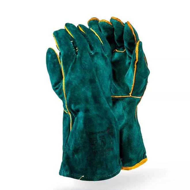 Pair of green gloves with yellow trim on a white background