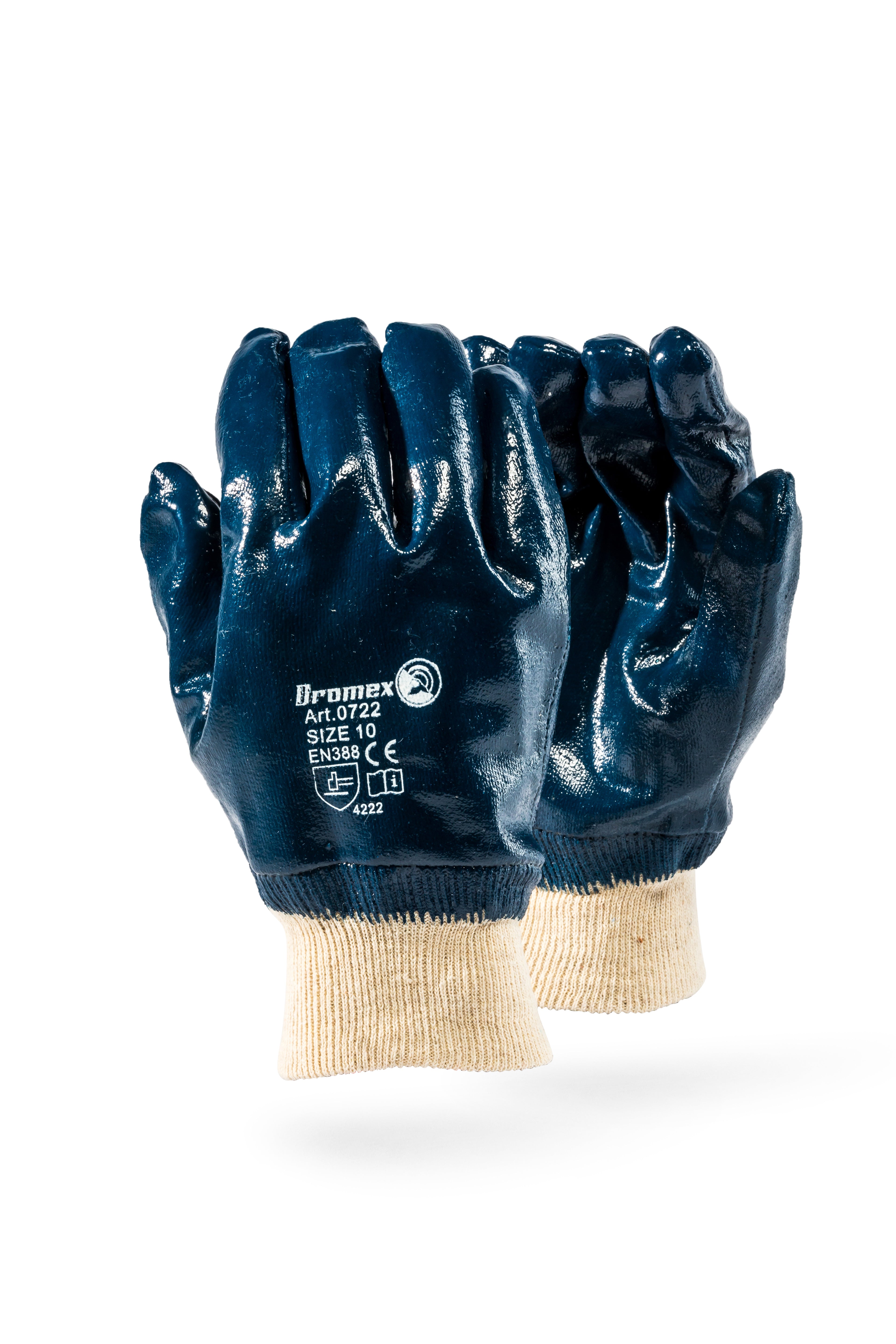 Pair of blue gloves with beige cuffs on a white background