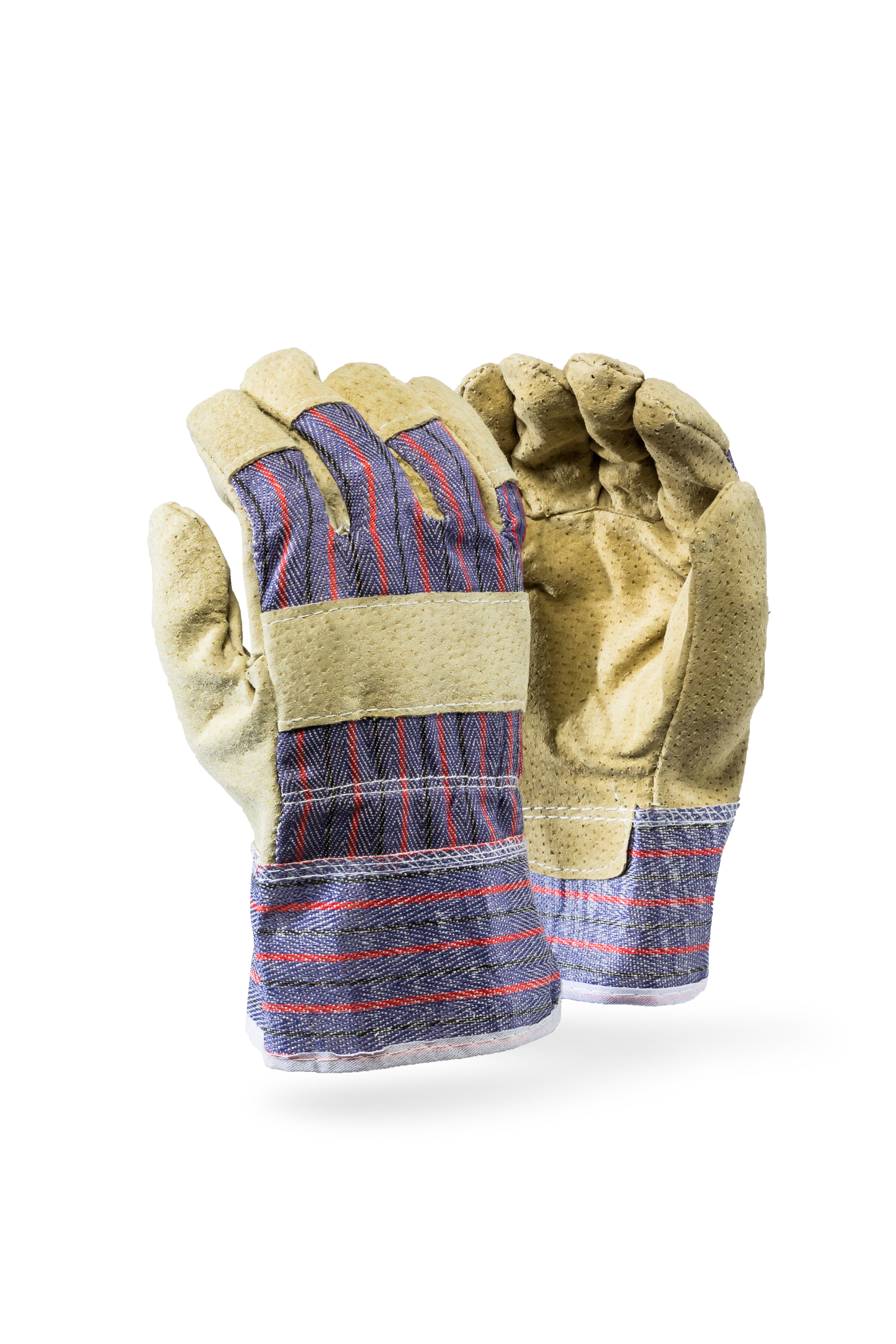 Pair of work gloves with plaid pattern on a white background