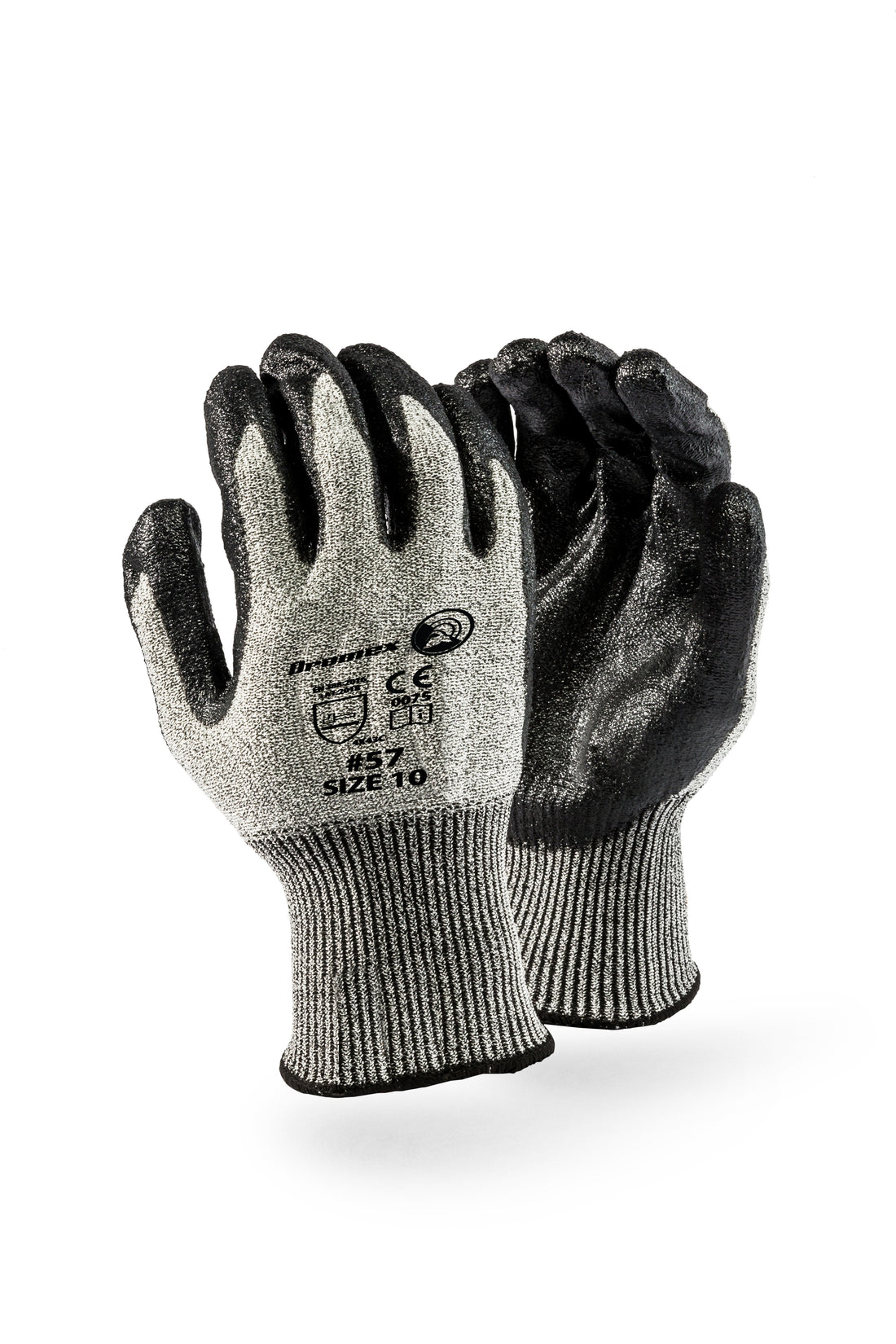 Pair of gray and black gloves with brand logo on a white background