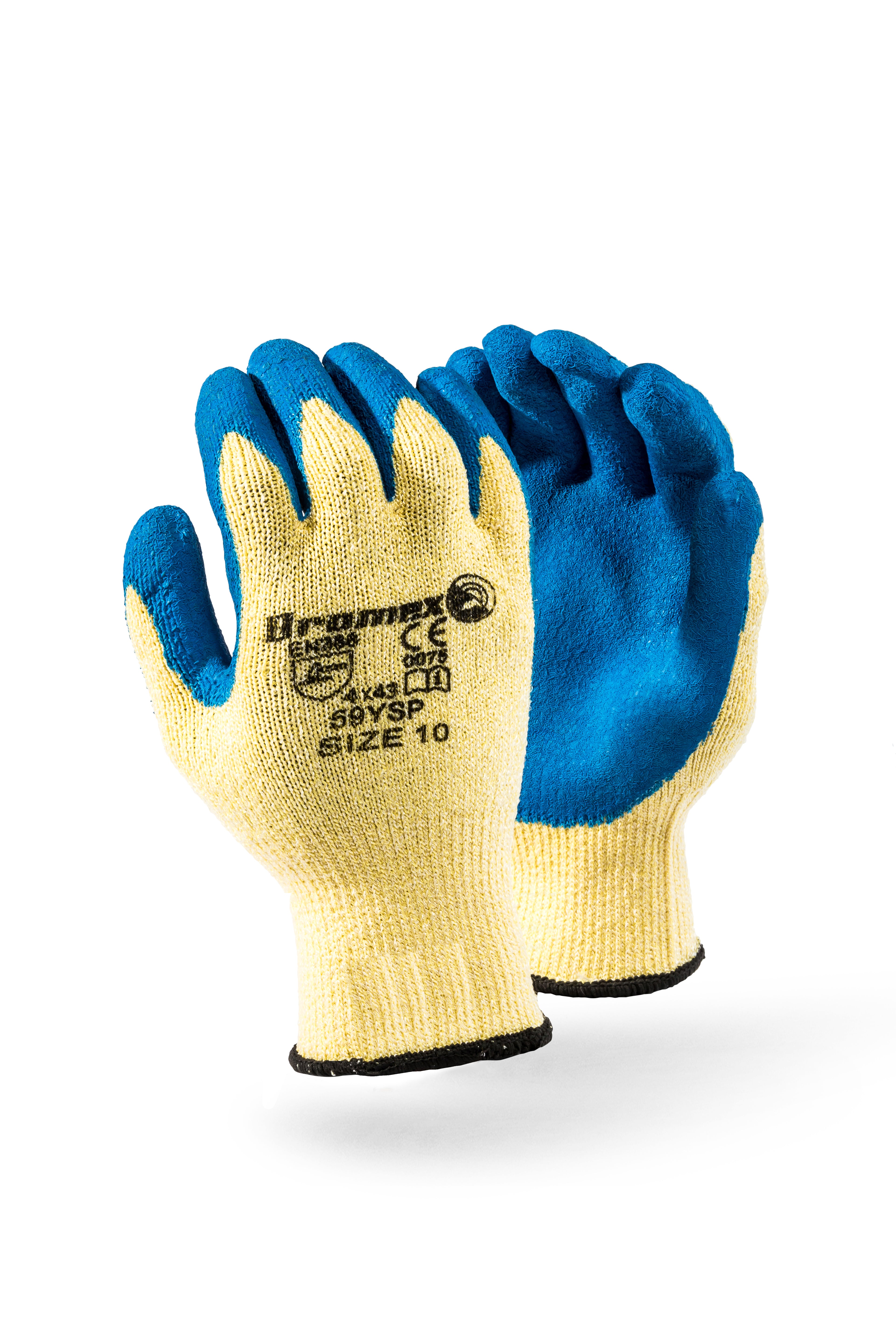 Pair of gloves with blue and yellow color scheme on a white background