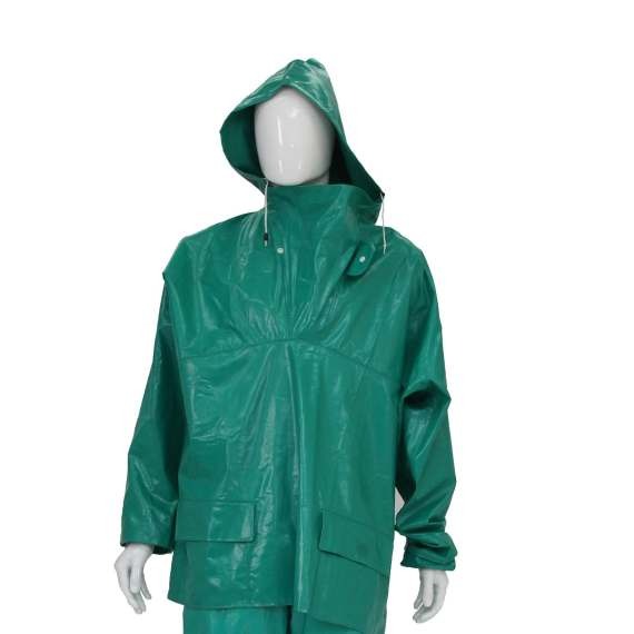Green raincoat on a mannequin against a white background