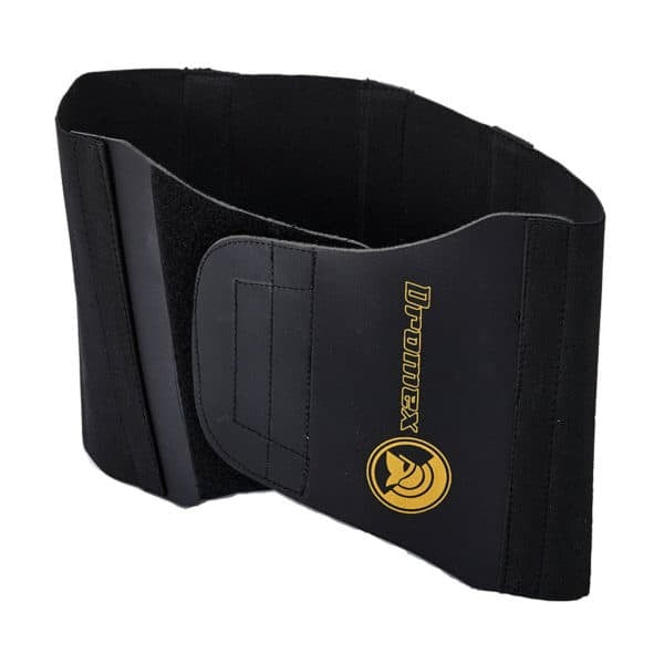 Black waist trainer with a logo on a white background