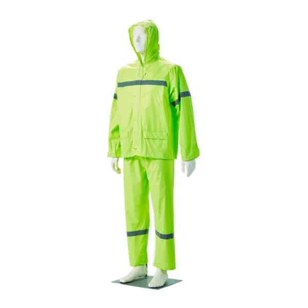 Mannequin wearing a bright green raincoat and pants with reflective stripes on a white background