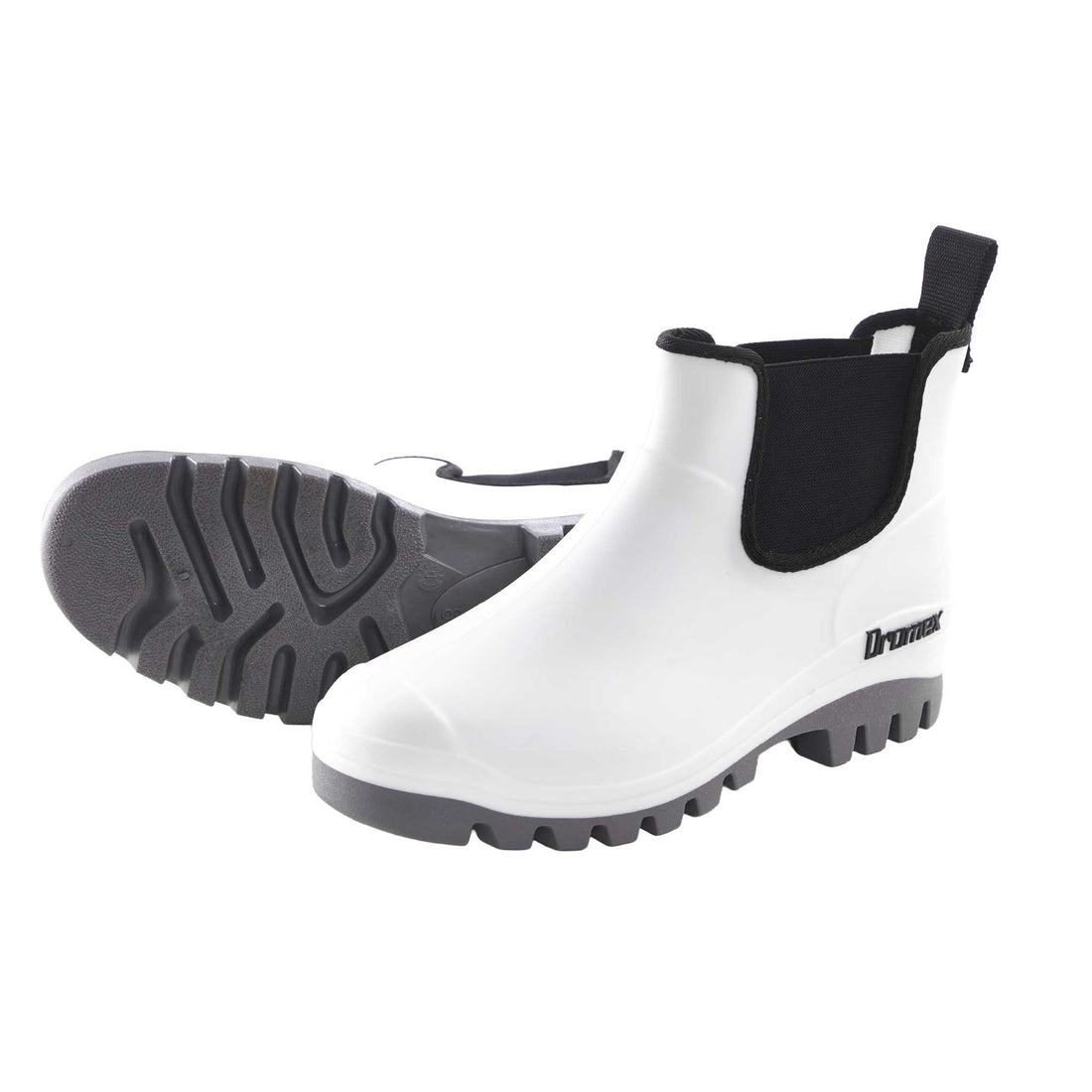 White rain boots with black soles on a white background