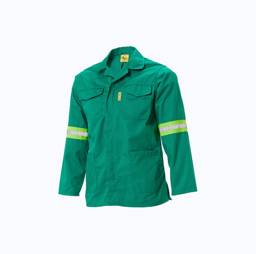 Green jacket with reflective stripes on a white background
