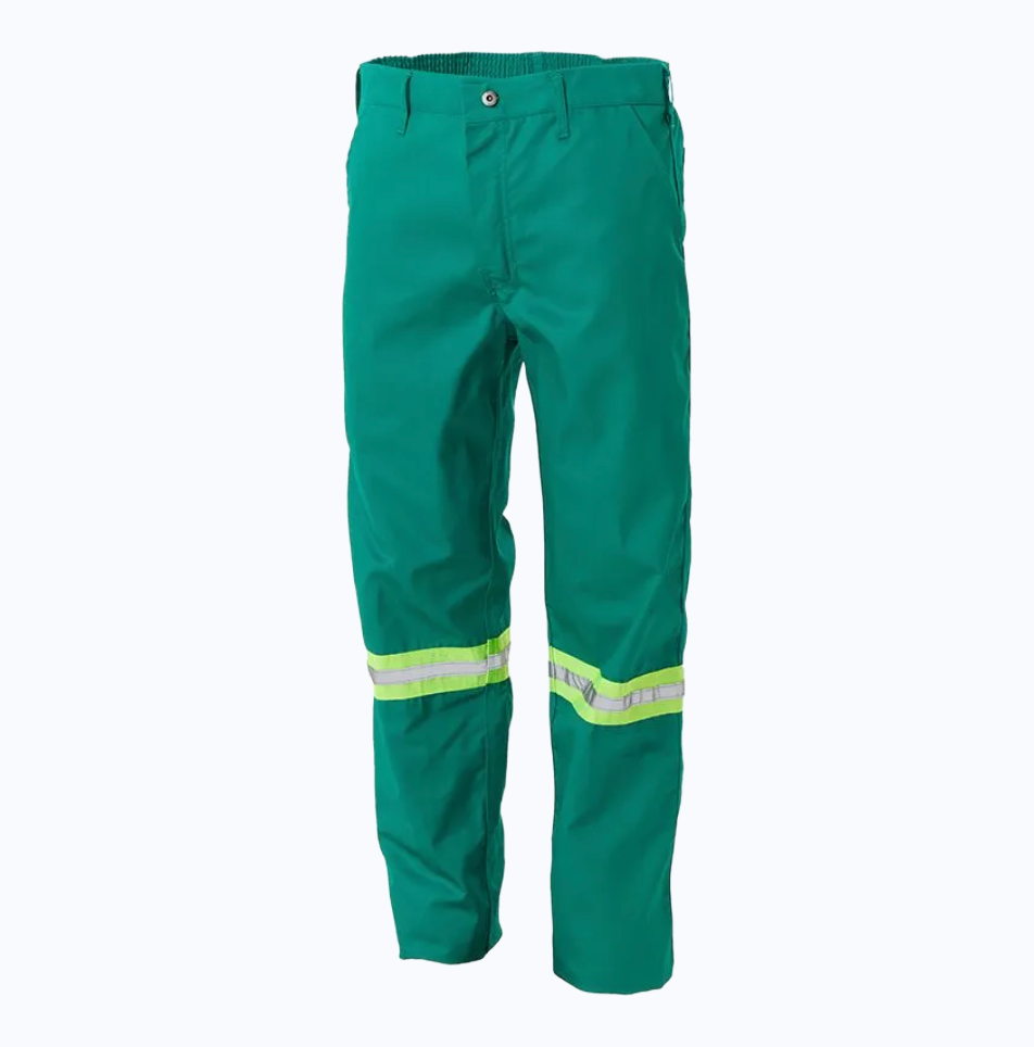 Green work pants with reflective stripes on a white background