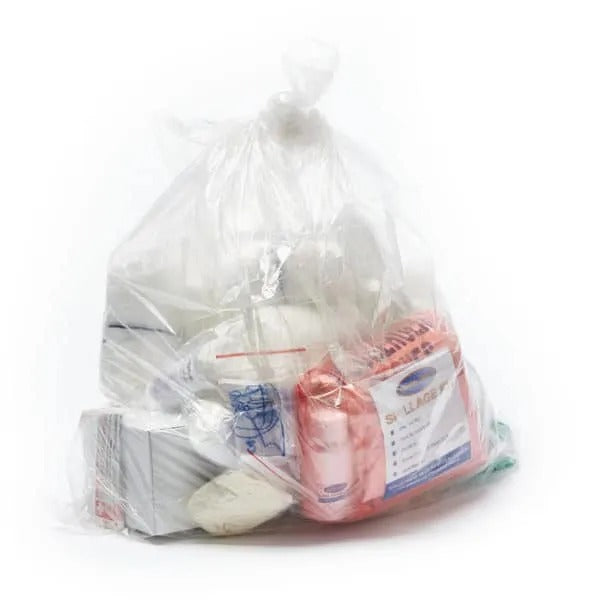 Clear plastic bag containing various items on a white background