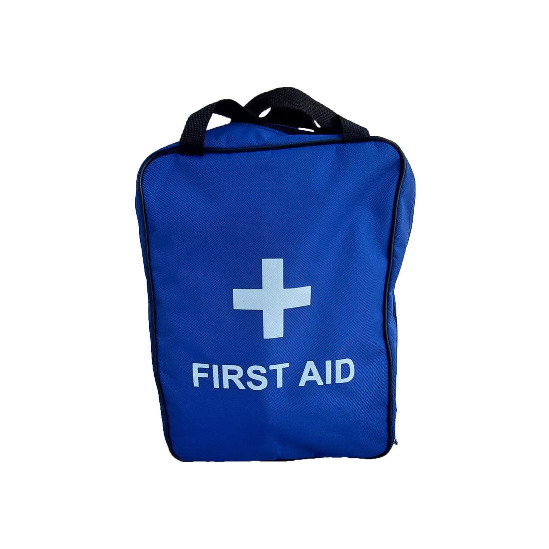 Blue first aid bag with a white cross and 'FIRST AID' text on a white background