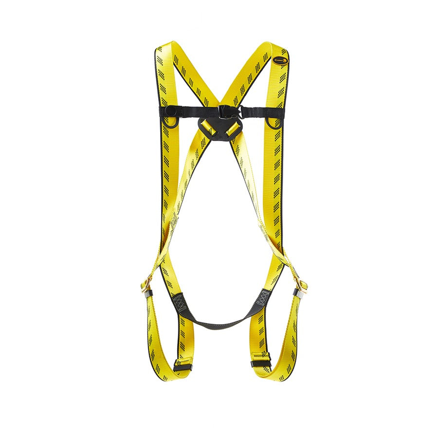 Yellow safety harness with black straps on a white background