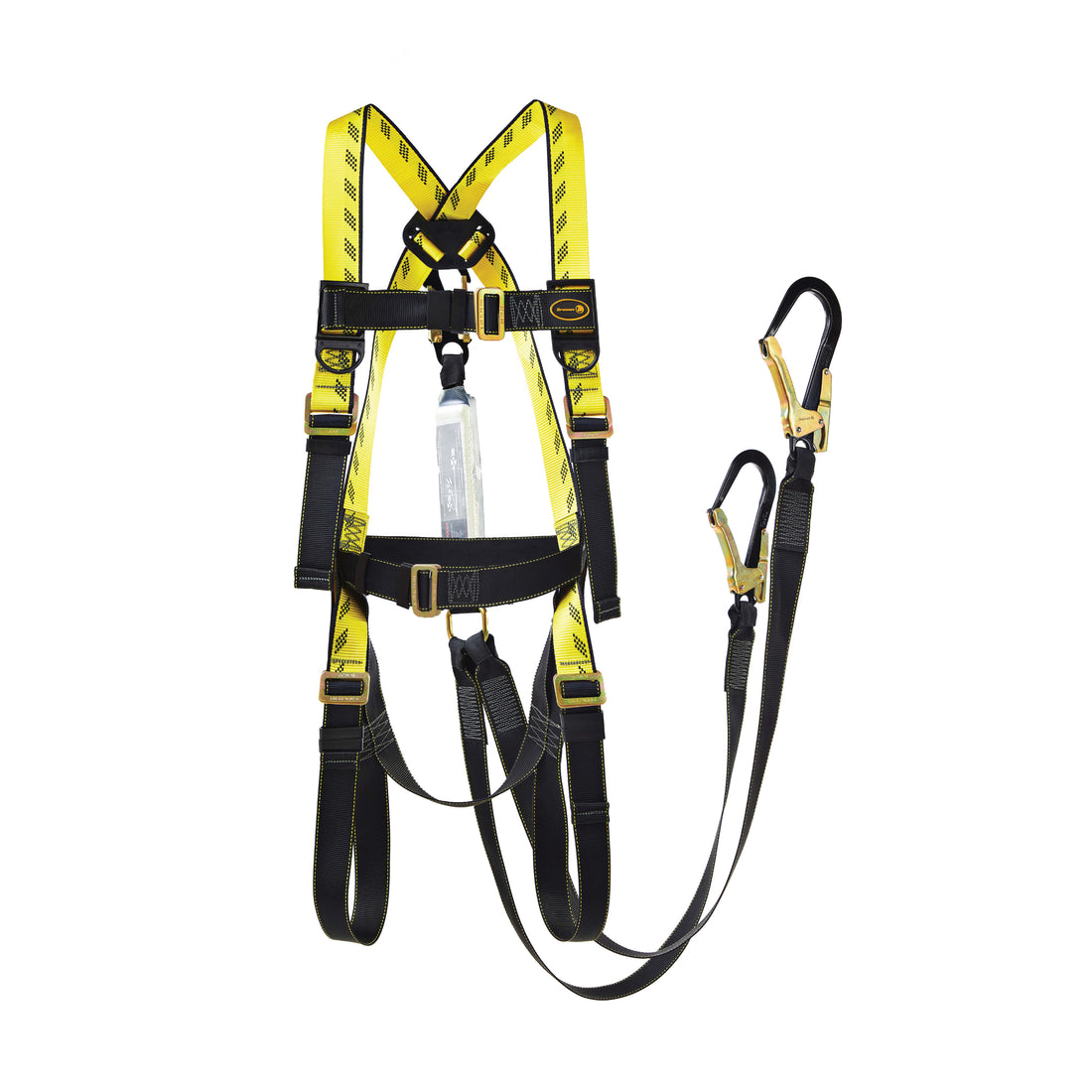 Safety harness with yellow and black straps on a white background