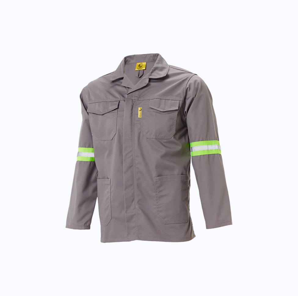 Gray work jacket with reflective stripes on a white background