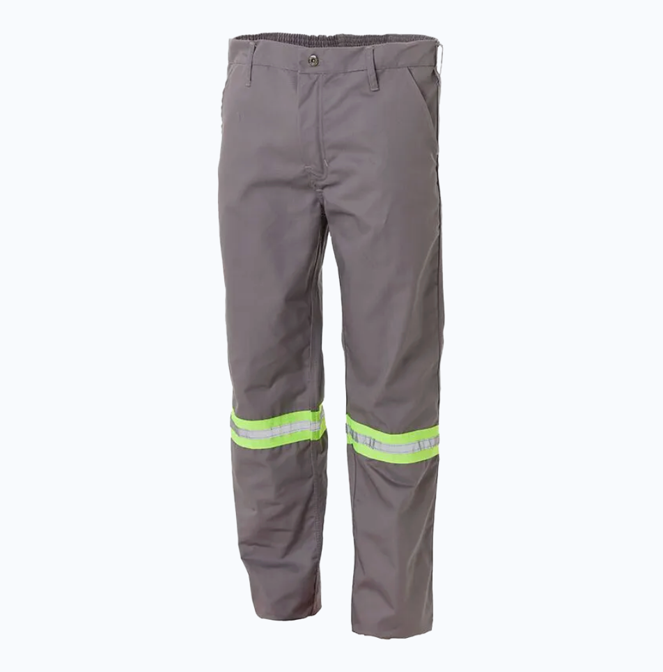 Gray work pants with reflective yellow stripes on a white background