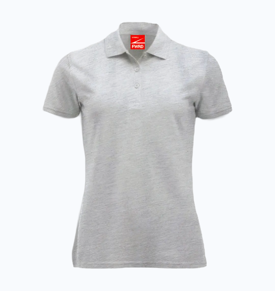Gray polo shirt with a brand logo on a white background