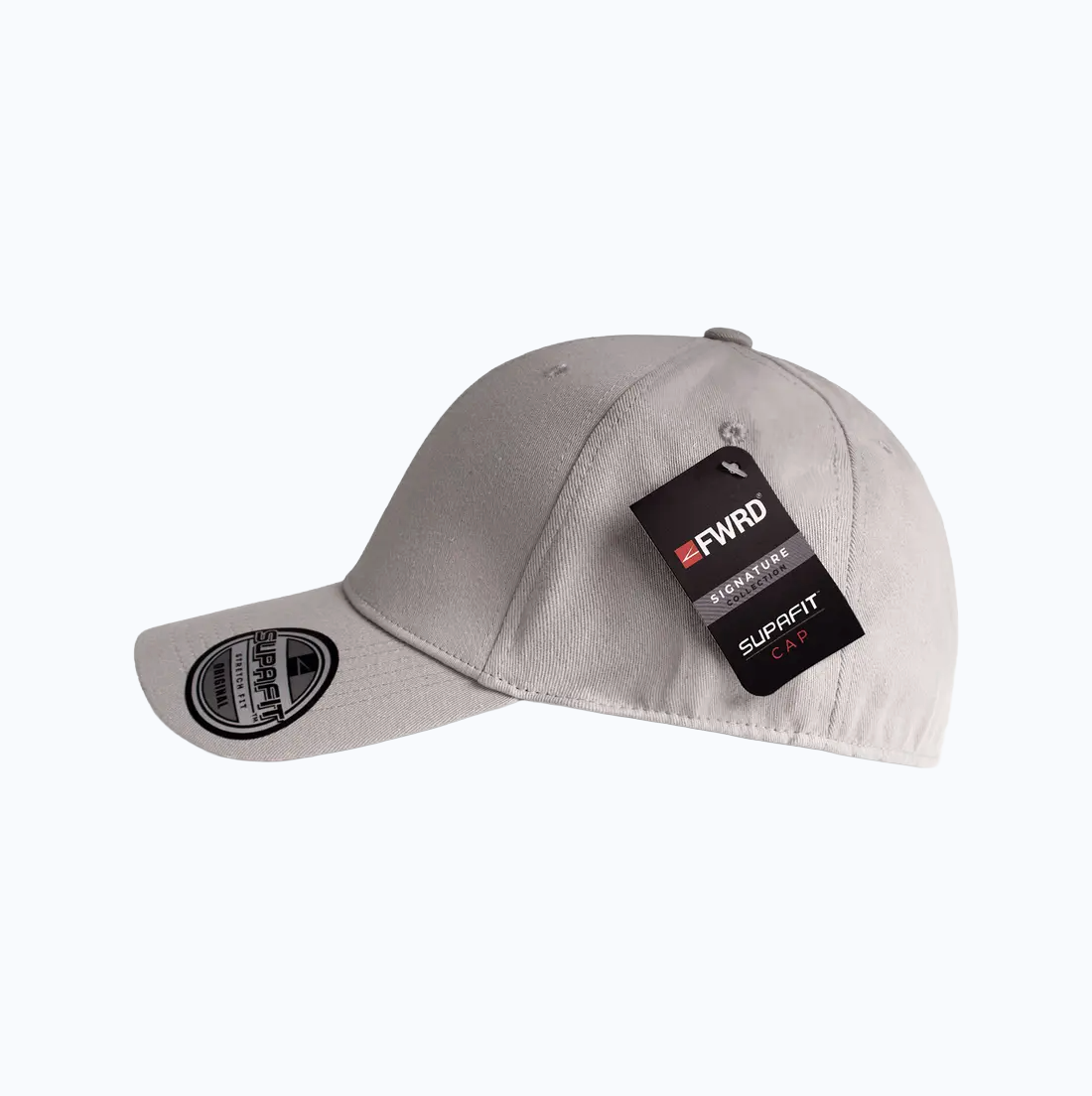 Gray cap with a brand tag on a white background