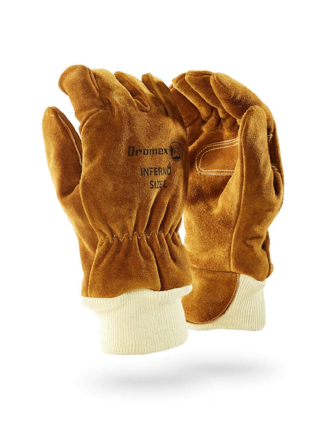 Pair of brown leather gloves with white cuffs on a white background
