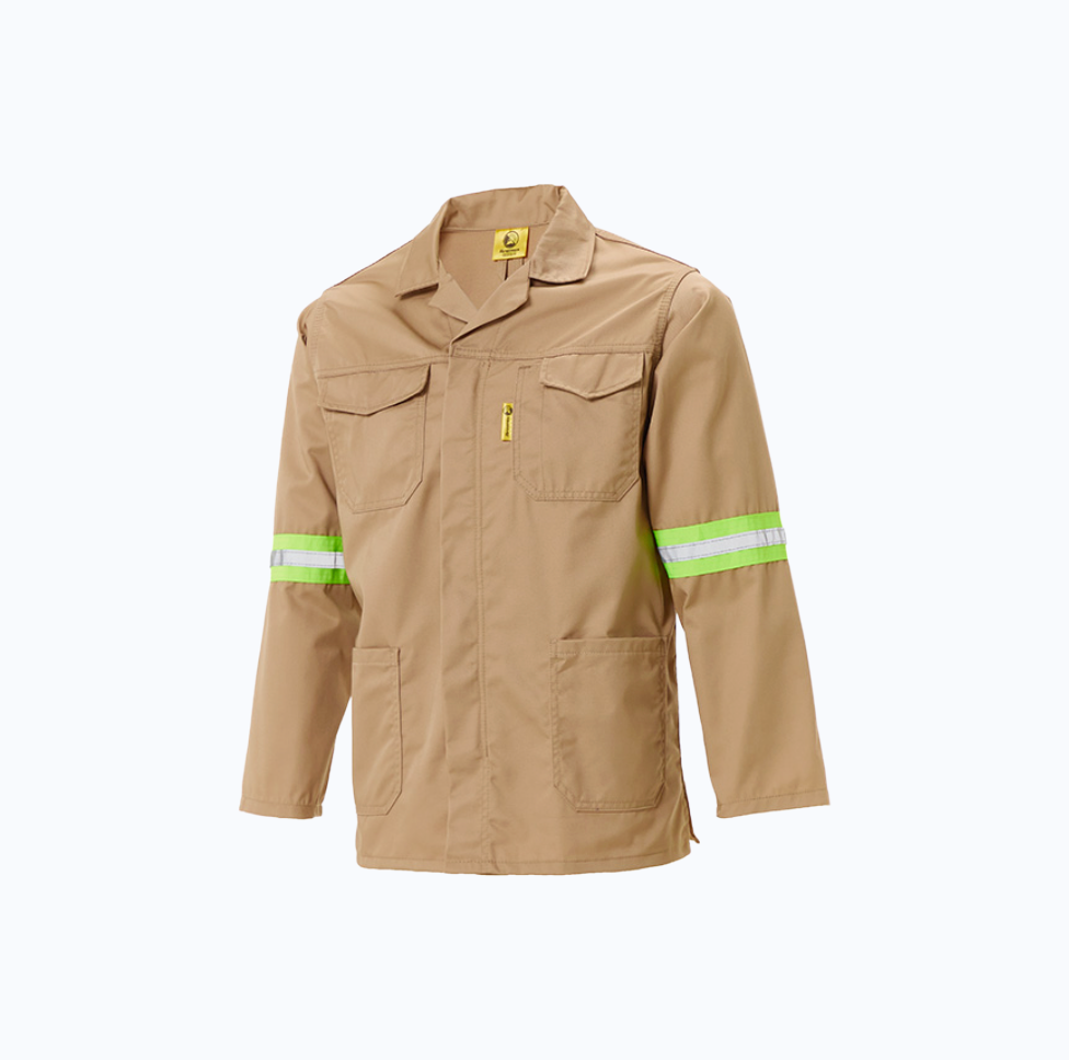 Tan work jacket with reflective stripes on a white background