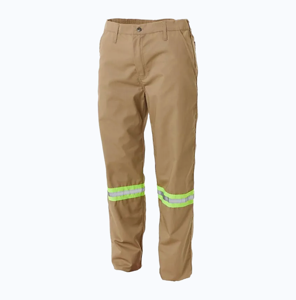 Tan work pants with reflective stripes on a white background