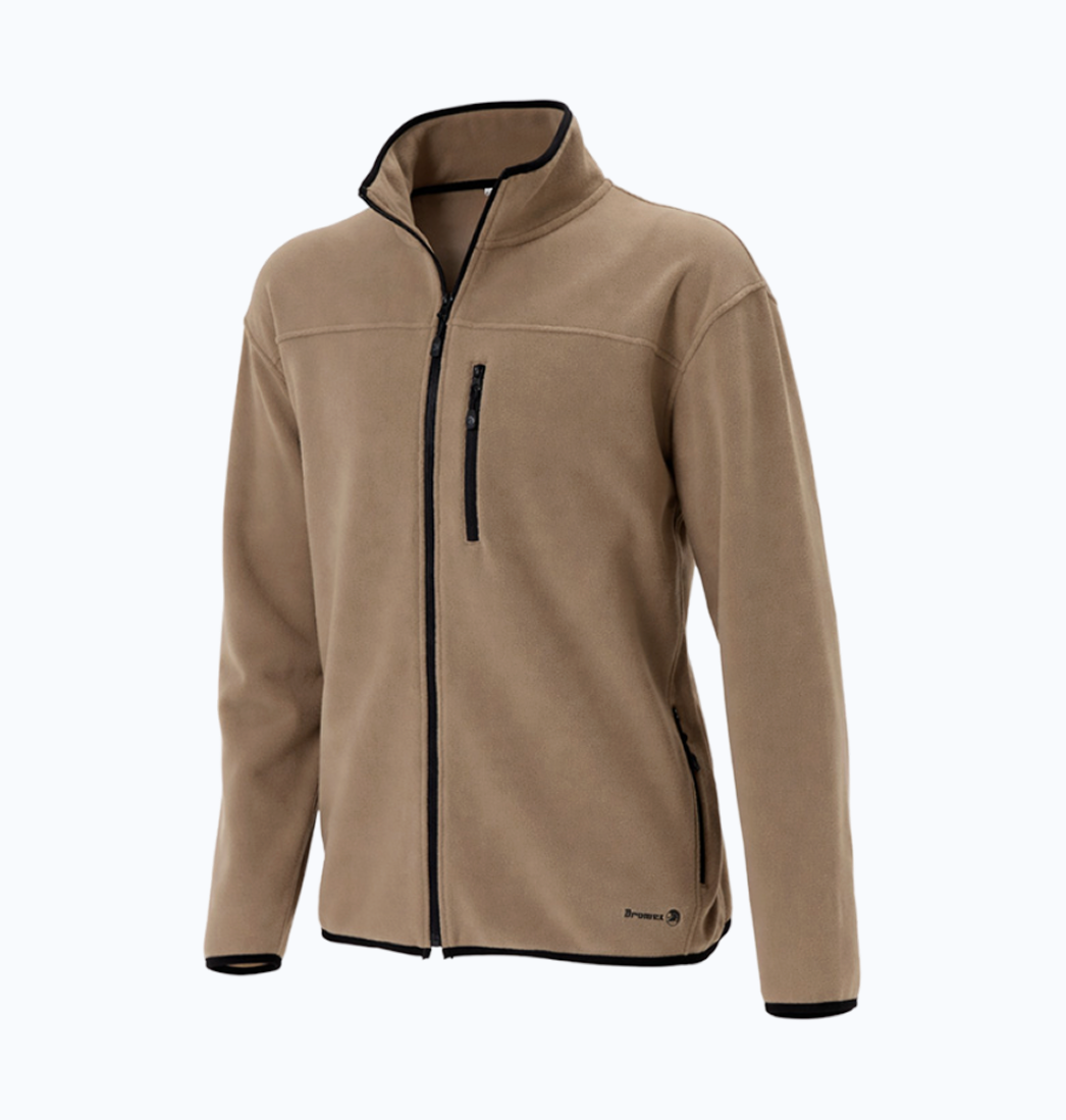 Beige jacket with black zipper and trim on a white background