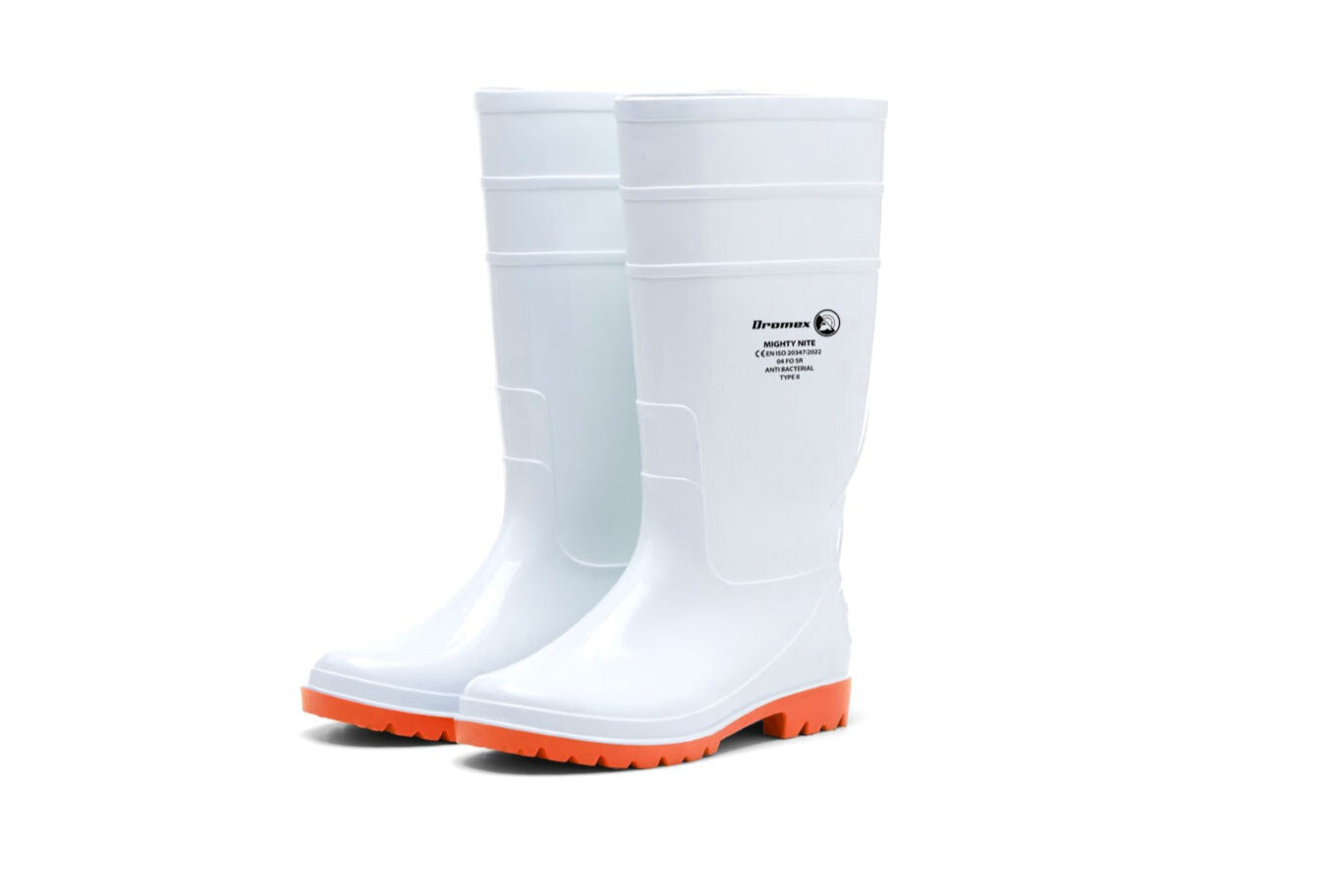 White rain boots with orange soles on a white background