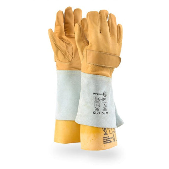 Pair of yellow leather gloves with white cuffs on a white background