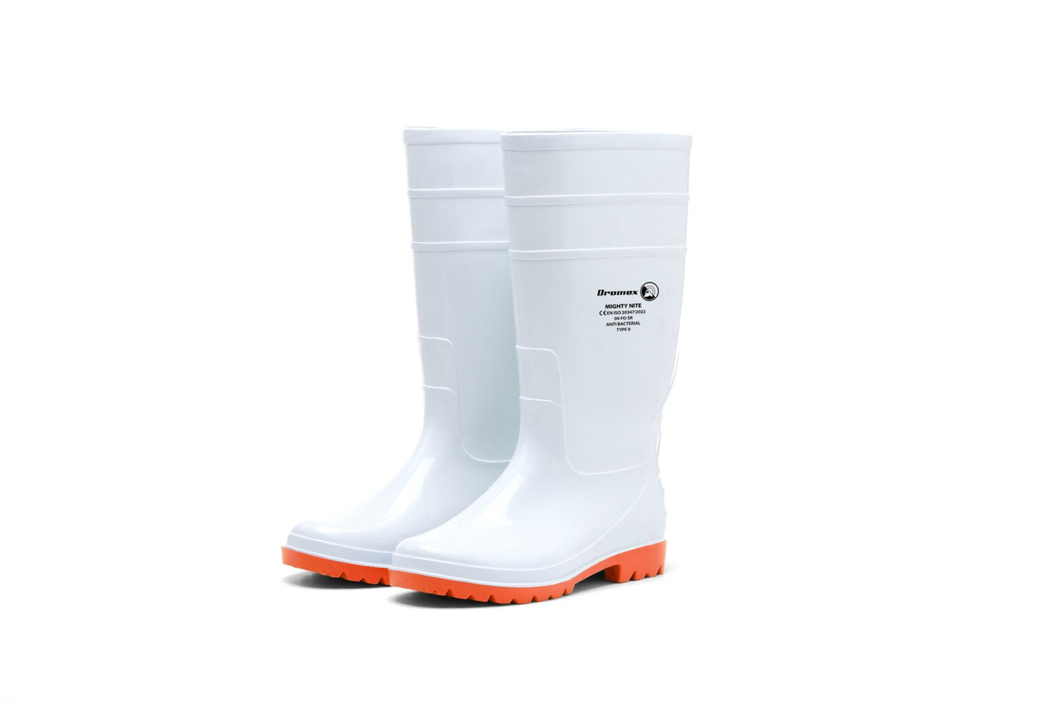 White rain boots with orange soles on a white background