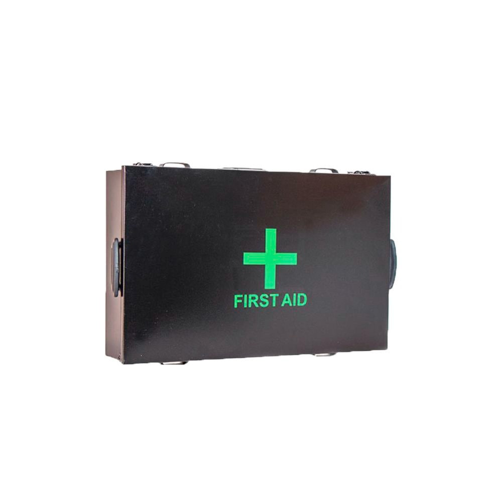 Black first aid kit with green cross and 'FIRST AID' text on a white background